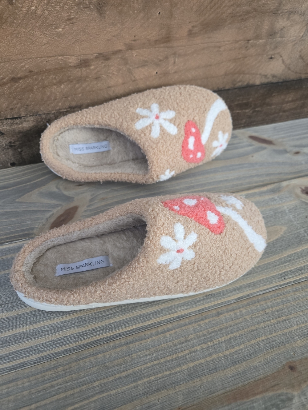 Miss Sparkling Women's Tan Sherpa Slippers with Pink Mushroom and White Flowers